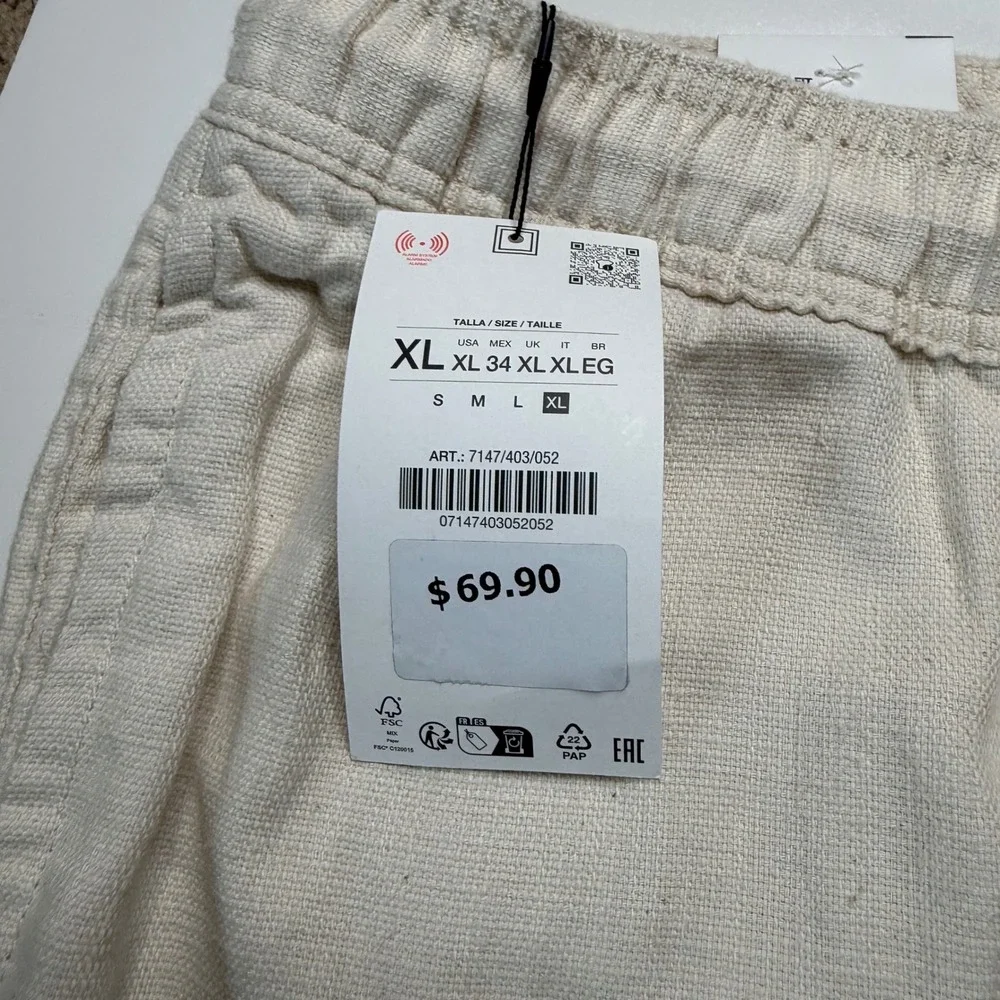 ZARA Relaxed Fit Trousers Cream Textured Drawstring Men's Size XL NWT